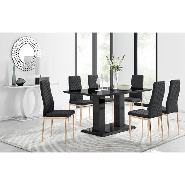 Edzard Double Pedestal High Gloss Dining Table Set with 6 Luxury Faux Leather Dining Chairs Canora Grey Chair Colour: Black/Gold on Productcaster.