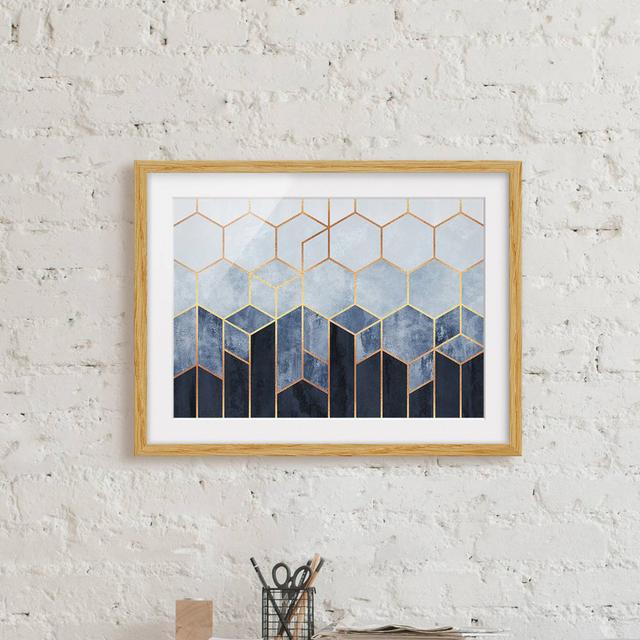 Golden Hexagons Blue White - Picture Frame Graphic Art on Paper Canora Grey Size: 40cm H x 55cm W x 2cm D, Frame Option: Brown Framed on Productcaster.