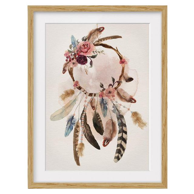 Dream Catcher with Roses and Feathers Framed Print East Urban Home Size: 55 cm H x 40 cm W, Rahmenoptionen: Natural oak on Productcaster.