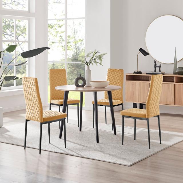 Bulkley Effect Round Dining Table & 4 Luxury Velvet Dining Chairs - Melamine Scratch Free Top Furniture Box Chair Colour: Mustard, Table Colour: Oak/B on Productcaster.