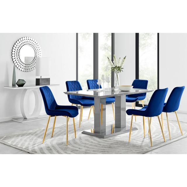 High Gloss 6 Seat Rectangular Dining Table Set with Luxury Velvet Dining Chairs Furniture Box Colour (Chair): Navy/Gold, Colour: Grey on Productcaster.