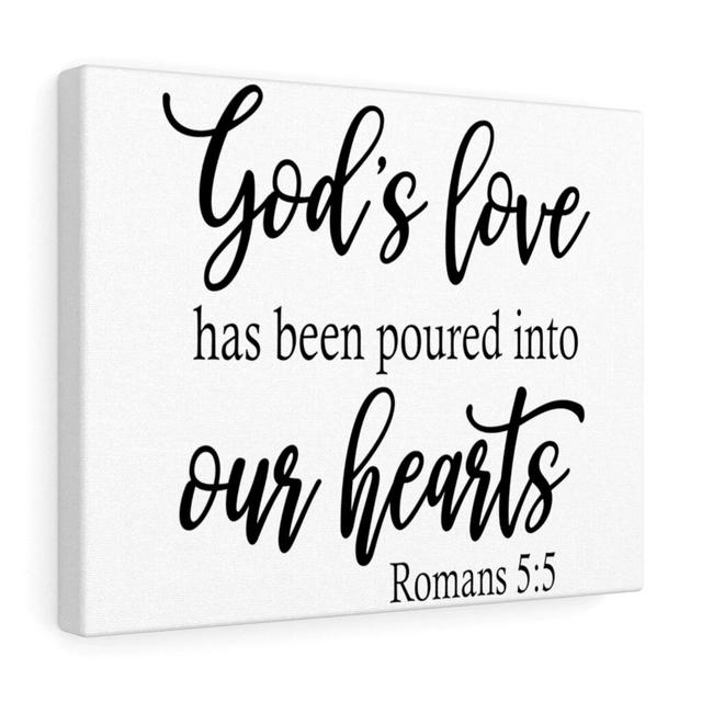 Into Our Hearts Romans 5:5 - Wrapped Canvas Typography Blue Elephant Size: 46cm H x 61cm W on Productcaster.