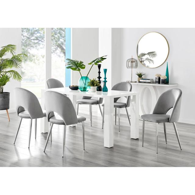 Pivero White High Gloss Dining Table & 6 Blue Arlon Gold Leg Chairs Canora Grey Size: 85 H x 45 W x 53.5 D on Productcaster.