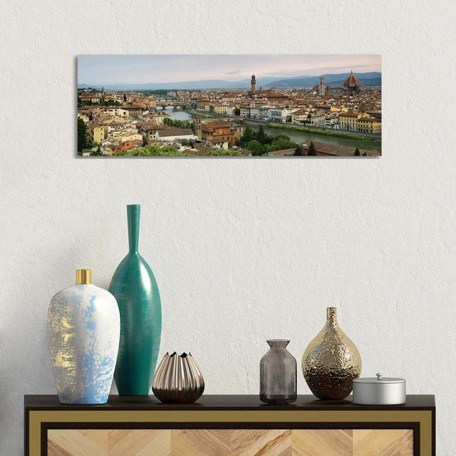 Buildings In A City, Ponte Vecchio, Arno River, Duomo Santa Maria Del Fiore - Wrapped Canvas Panoramic Print Ebern Designs Size: 30.48cm H x 91.44cm W on Productcaster.