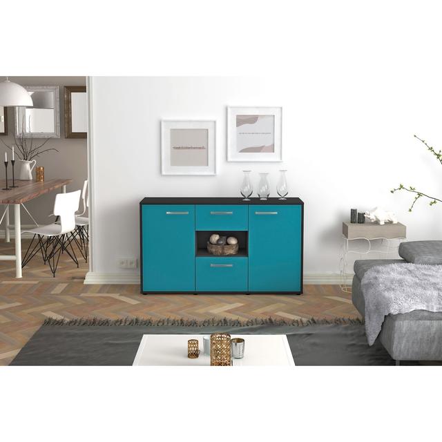 Bellmon sideboard, white body, concrete front (136 x 79 x 35cm), including metal handles Brayden Studio Colour: Turquoise/Anthracite on Productcaster.