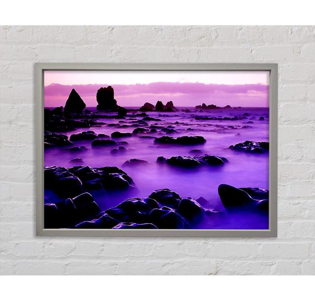 Gerahmtes Wandbild Rocky Purple Mist Haus am Meer Größe: 84.1cm H x 118.9cm W x 3.3cm D, Format: Hellgrau gerahmte Leinwand on Productcaster.