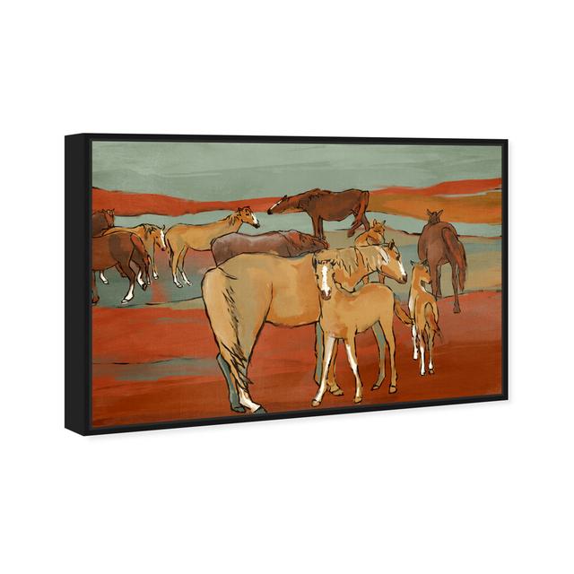 Animals Equine Herd Team Landscape, Cabin / Lodge Orange And Brown Canvas Wall Art Print For Living Room Oliver Gal Format: Black Framed, Size: 25.4cm on Productcaster.