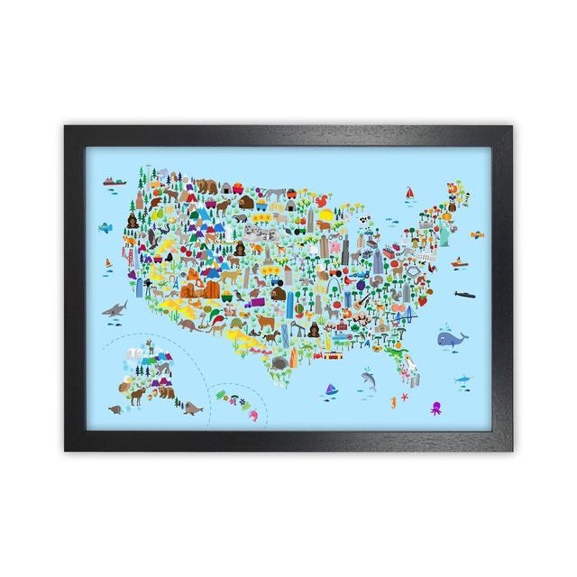 Animal Map Of United States by Michael Tompsett - Print Zoomie Kids Format: Black Framed, Size: 46cm H x 63cm W x 3cm D on Productcaster.