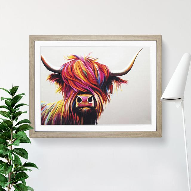 XH1022-9568X Vibrant Highland Cow Abstract - Single Picture Frame Print Natur Pur Size: 46cm H x 64cm W x 2cm D, Frame Colour: Oak on Productcaster.