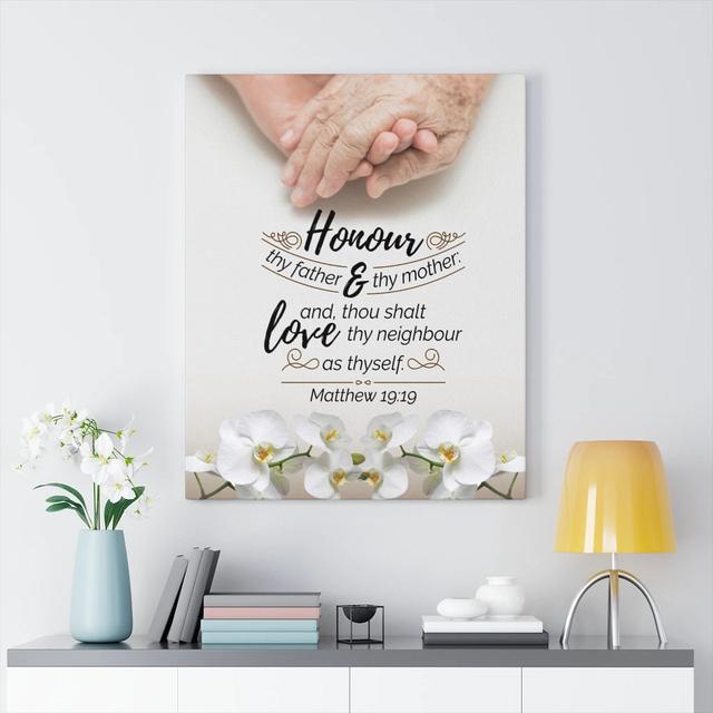 Honour Thy Father and Mother Matthew 19:19 - Wrapped Canvas Typography Blue Elephant Size: 61cm H x 46cm W on Productcaster.