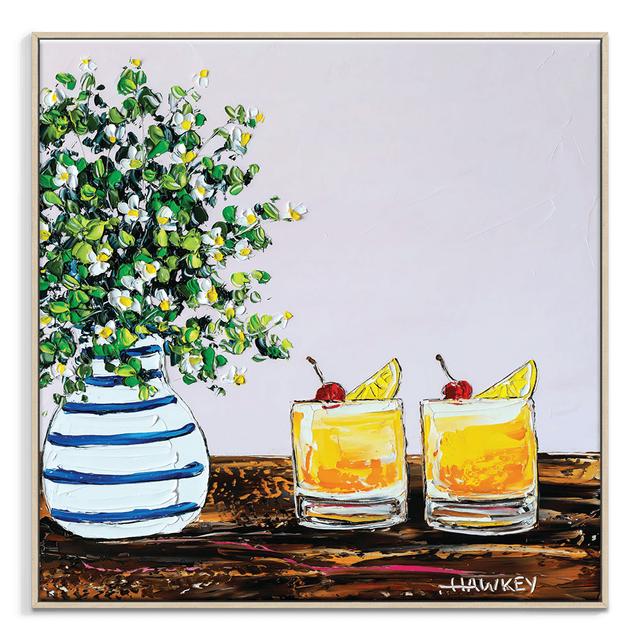 Amaretto Sour And Daisies by Rosalind Wheeler - Painting on Canvas Rosalind Wheeler Size: 102cm H x 102cm W x 5cm D, Format: Brown Framed Canvas on Productcaster.