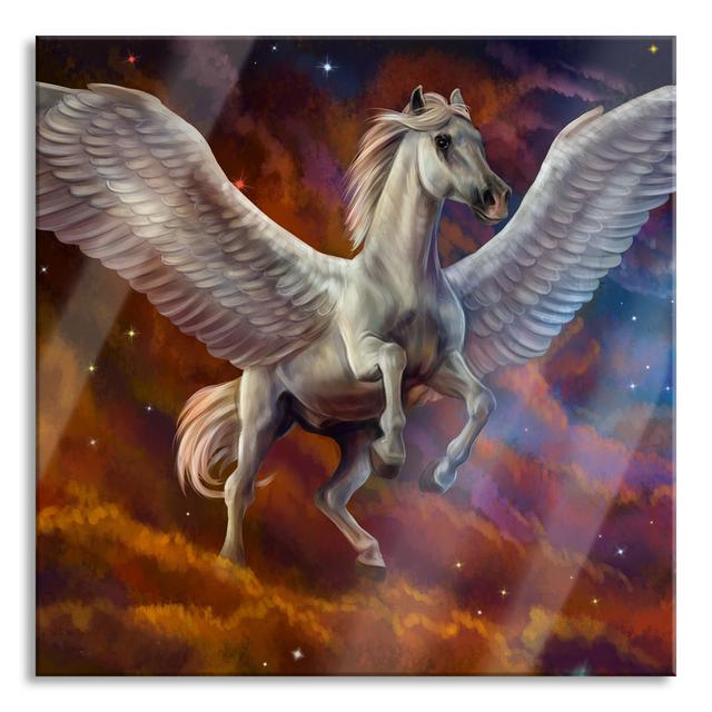 White Pegasus with Angel Wings - Unframed Graphic Art on Glass Happy Larry Size: 70cm H x 70cm W x 0.4cm D on Productcaster.