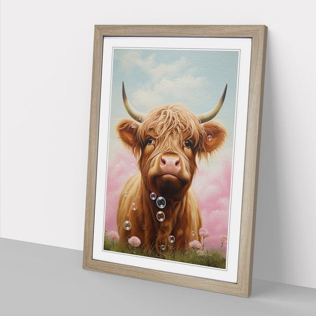 Highland Cow Bubble Gum - Single Picture Frame Art Prints on Wood Alpen Home Format: Oak, Size: 46cm H x 34cm W x 2cm D on Productcaster.