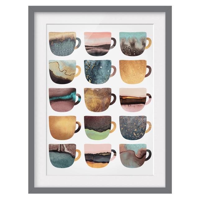 Colourful Coffee Cups with Gold - Picture Frame Graphic Art Rosalind Wheeler Frame Option: Grey, Size: 100cm H x 70cm W x 2cm D on Productcaster.