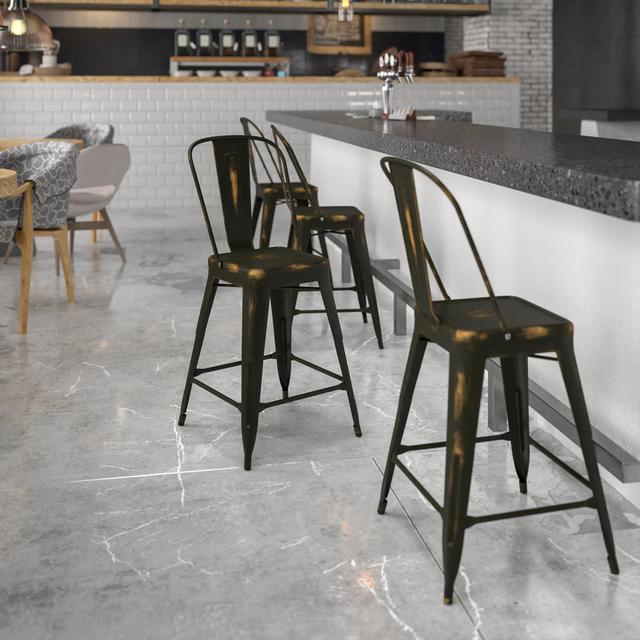 Commercial Grade Metal Indoor-Outdoor Barstool with Back Williston Forge Pack Size: 2, Seat Height: 71cm, Colour: Distressed Copper on Productcaster.