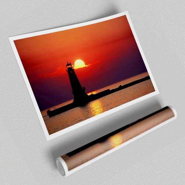 Lighthouse Sunset Red - Graphic Art Print on Paper East Urban Home Size: 42cm H x 59.4cm W on Productcaster.