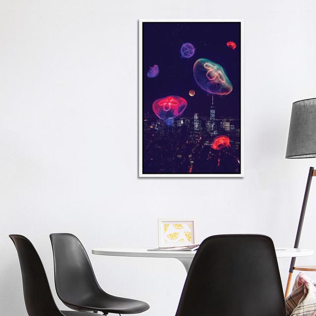 City Jellyfish Moon von Soaring Anchor Designs - Galerie-verpackte Leinwand Giclée auf Leinwand Beachcrest Home Format: Weiß gerahmt, Größe: 101,06 cm on Productcaster.