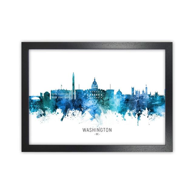 Washington Dc Skyline Blue City Name by Michael Tompsett - Graphic Art Ebern Designs Size: 34cm H x 46cm W x 3cm D, Format: Black Framed on Productcaster.