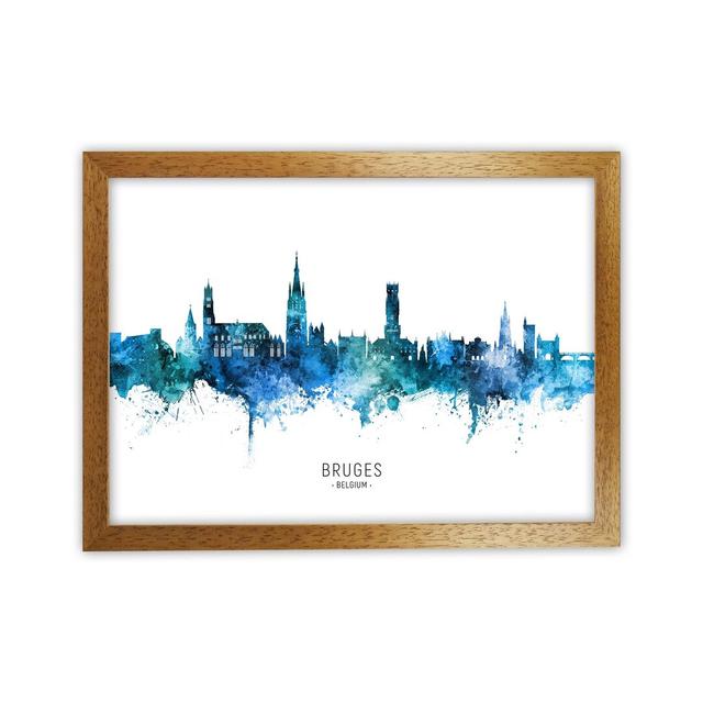 Bruges Belgium Skyline Blue City Name by Michael Tompsett - Graphic Art Ebern Designs Format: Oak Framed, Size: 46cm H x 63cm W x 3cm D on Productcaster.