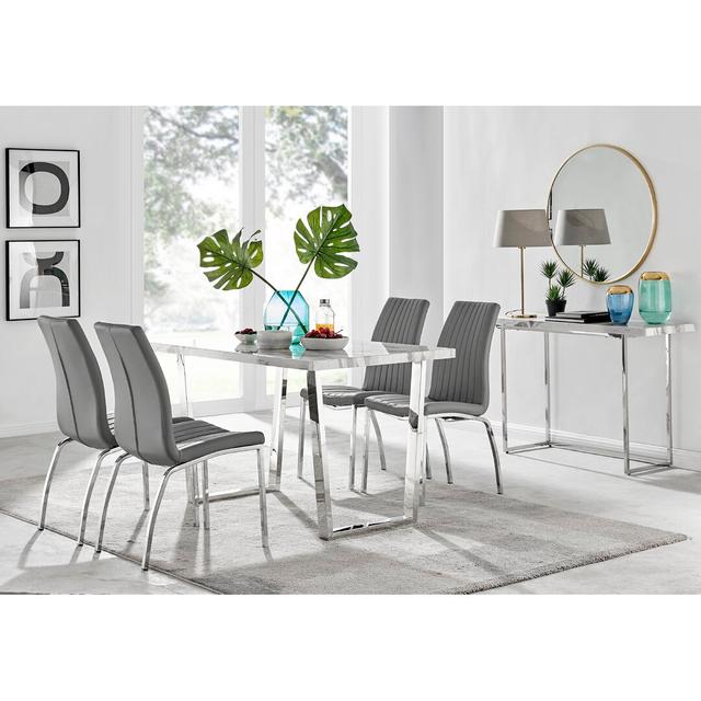 Kylooe Modern Marble Effect And Silver Dining Table Set With 4 Soft Touch Faux Leather Chairs Canora Grey Chair Colour: Grey on Productcaster.