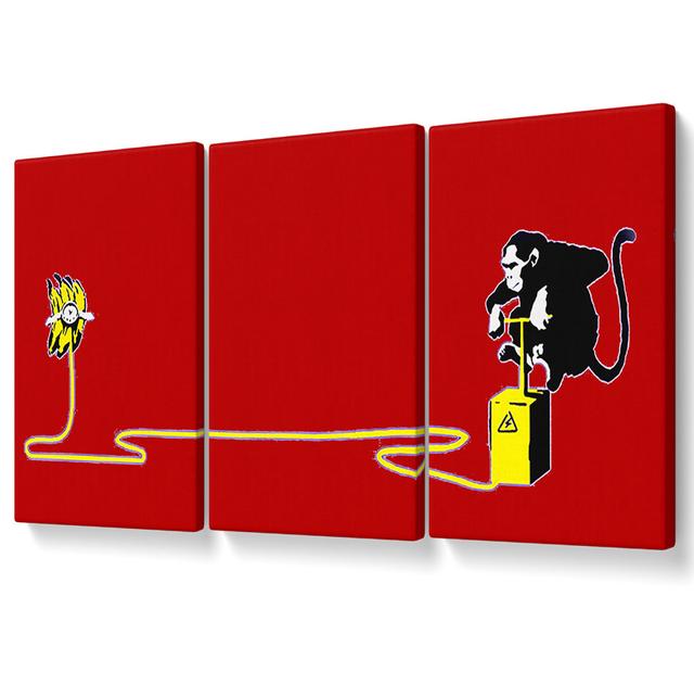 Banana Monkey Detonator Red - 3 Piece Wrapped Canvas Graphic Art Rosalind Wheeler Size: 142.2cm H x 304.8cm W on Productcaster.