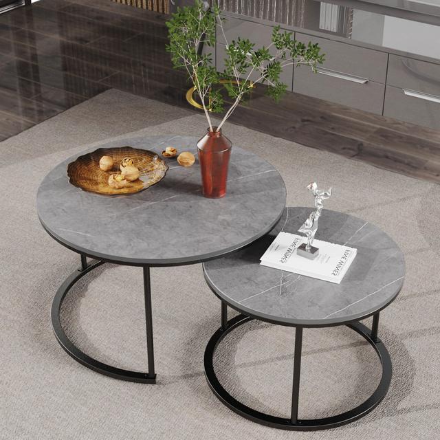 2 Piece Marble Round Nest Of Tables Coffee Table Set Sintered Stone Top Side End Tables Ivy Bronx on Productcaster.