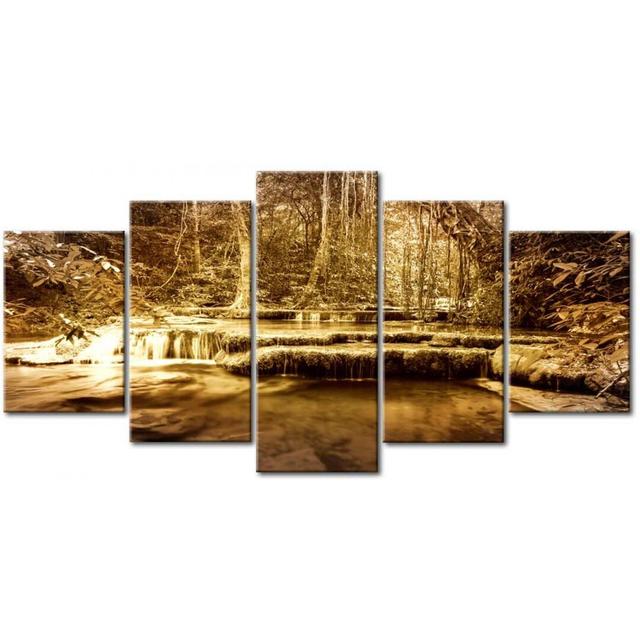 The Bosom Of Nature - Waterfall - 5 Piece Wrapped Canvas Print East Urban Home Size: 200 cm x 100 cm on Productcaster.