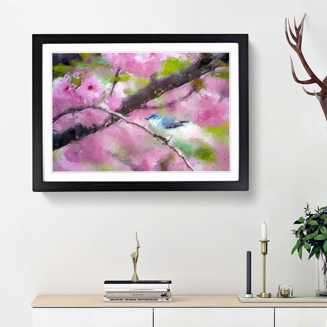 Bird in the Cherry Blossom Tree in Abstract - Picture Frame Graphic Art Print East Urban Home Frame Option: Black Framed, Size: 62cm H x 87cm W x 2cm on Productcaster.