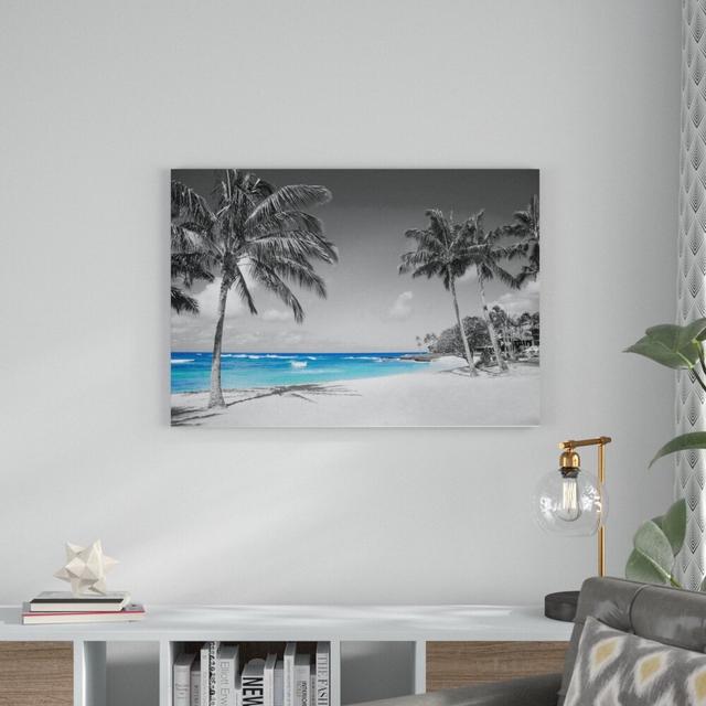 Leinwandbild „Schöner Strand mit Palmen", Grafikdruck Pixxprint Größe: 80 cm H x 120 cm B on Productcaster.