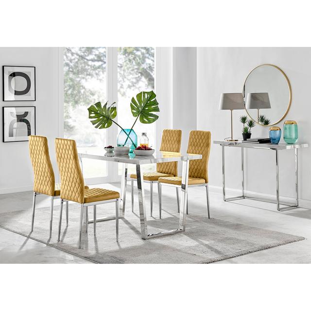 Edzard Marble Effect & Chrome Metal Rectangular Dining Table Set - 4 Luxury Velvet Dining Chairs Canora Grey Table Top Colour: White Marble, Chair Col on Productcaster.