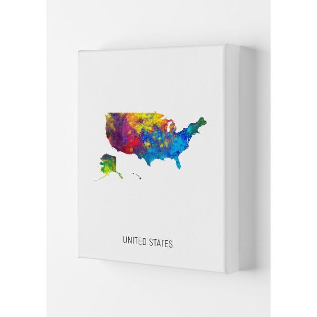 United States Watercolour Map by Michael Tompsett - Print Latitude Run Size: 42cm H x 29.7cm W x 4cm D, Format: Wrapped Canvas on Productcaster.