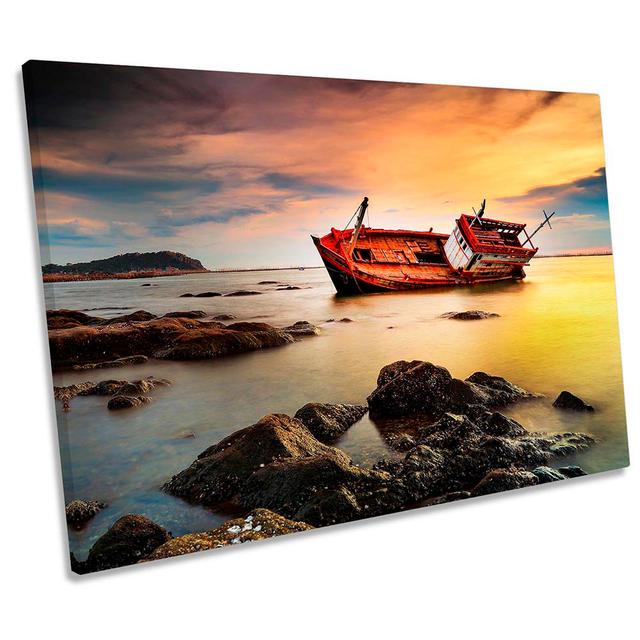 Abandoned Ship Sunset - Wrapped Canvas Print Longshore Tides Size: 61cm H x 91.4cm W on Productcaster.