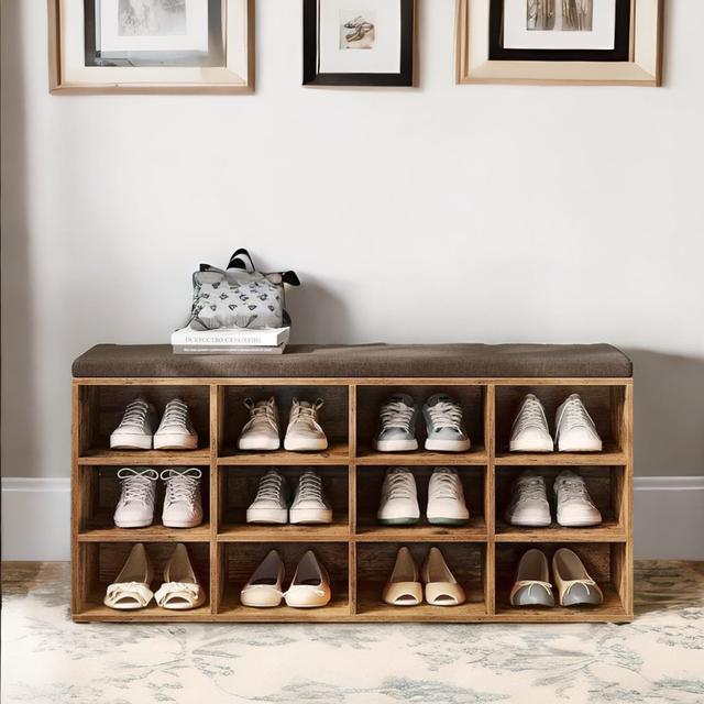 Albrian Rustic Brown Storage Shoe Bench 12 Pair Shoe Rack Entryway Hallway Organiser Latitude Run on Productcaster.