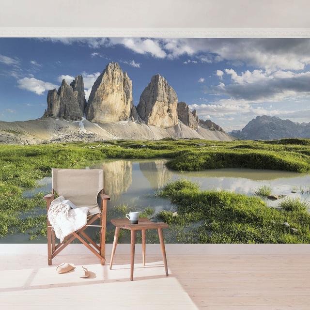 South Tyrolean Peaks with Reflection in the Water Semi-Gloss Wallpaper Roll East Urban Home Size: 3.36m x 225cm, Materialqualität: Premium (150g/m²) on Productcaster.