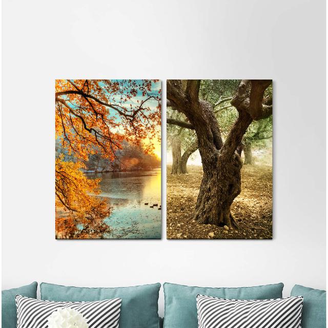 2-tlg. Leinwandbilder-Set - Fotografie „Lake Pond Autumn Old Tree Sunset Nature Healing” East Urban Home on Productcaster.