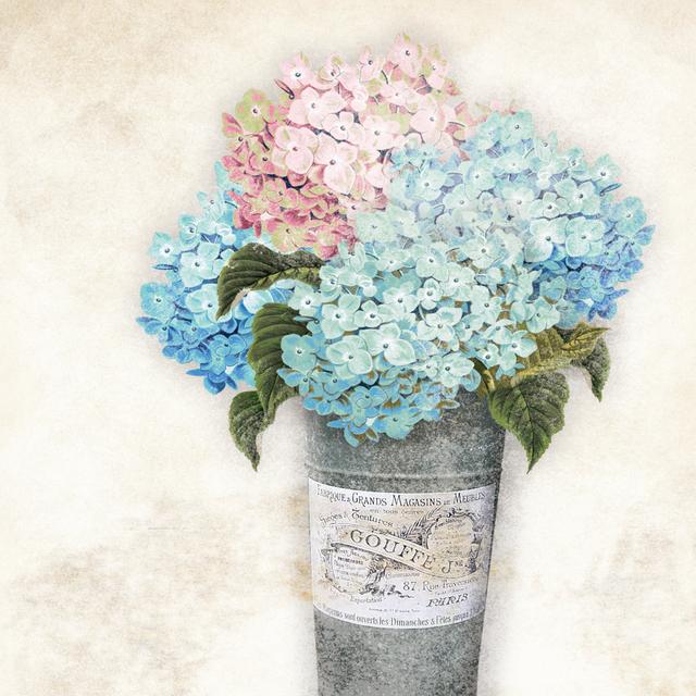 Hydrangeas In French Bucket - Wrapped Canvas Print Lily Manor Size: 122cm H x 122cm W x 3.8cm D on Productcaster.