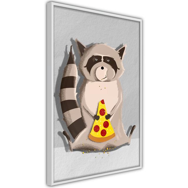 Gerahmter Grafikdruck Racoon Eating Pizza Happy Larry Größe: 45 cm H x 30 cm B x 2 cm T, Rahmenart: Schwarzer Rahmen on Productcaster.