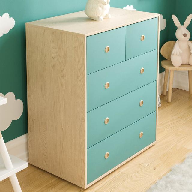 Kayshia 5 Drawer Chest 17 Stories Colour: Blue/Oak on Productcaster.