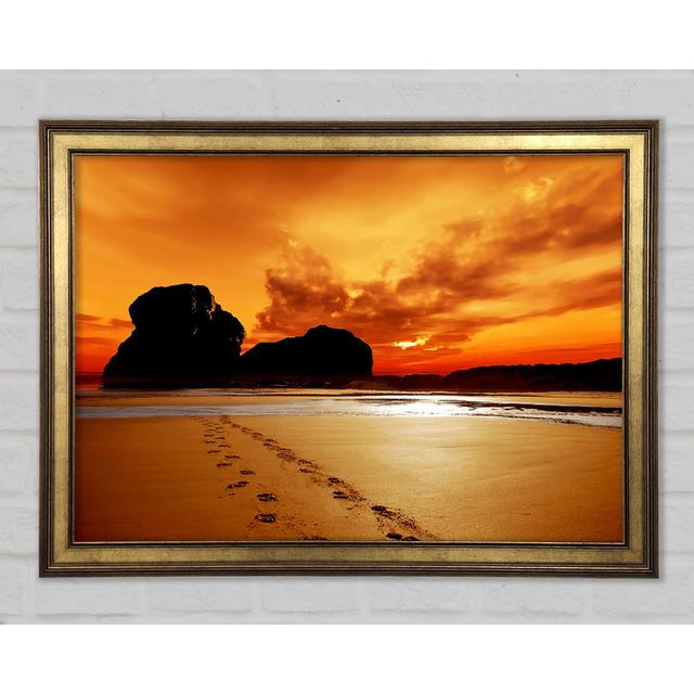 Footprints In The Orange Ocean Sand Framed Print Highland Dunes Size: 84.1cm H x 118.9cm W on Productcaster.