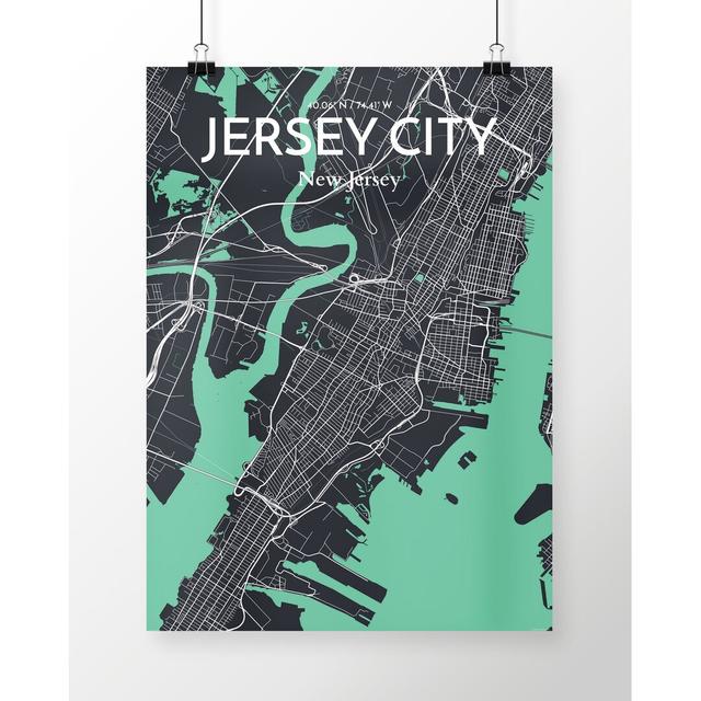 Jersey City City Map - Unframed Graphic Art Print on Paper East Urban Home Size: 70cm H x 50cm W x 0.1cm D, Colour: Seafoam/White on Productcaster.