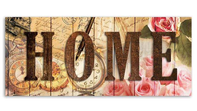 Home Background Retro Clocks Lettering Flowers - Wrapped Canvas Typography Print Lily Manor Size: 60cm H x 150cm W on Productcaster.