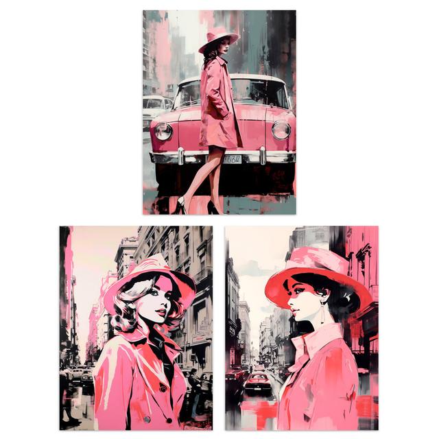 Pink Downtown Women City Winter Retro Fashion - 3 Piece Unframed Art Prints Set Fairmont Park Size: 29.7cm H x 21cm W x 0.4cm D on Productcaster.