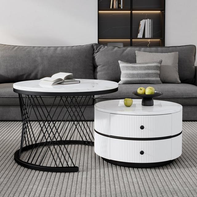 High Gloss Round Nesting Coffee Tables, Top, Set Of 2, With Drawers Ivy Bronx on Productcaster.