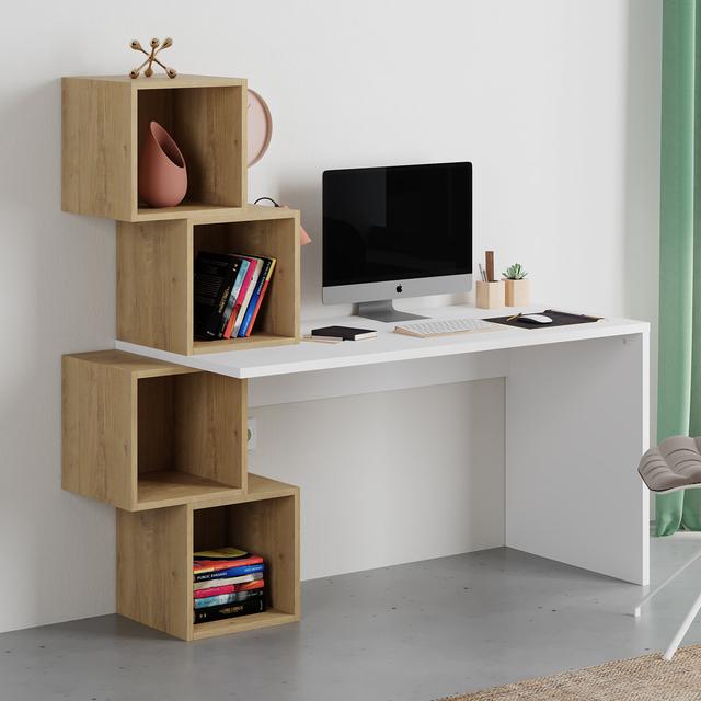 Francella Desk - Modern Asymmetric Design with Ample Storage Zipcode Design Colour: White/Dark Oak on Productcaster.