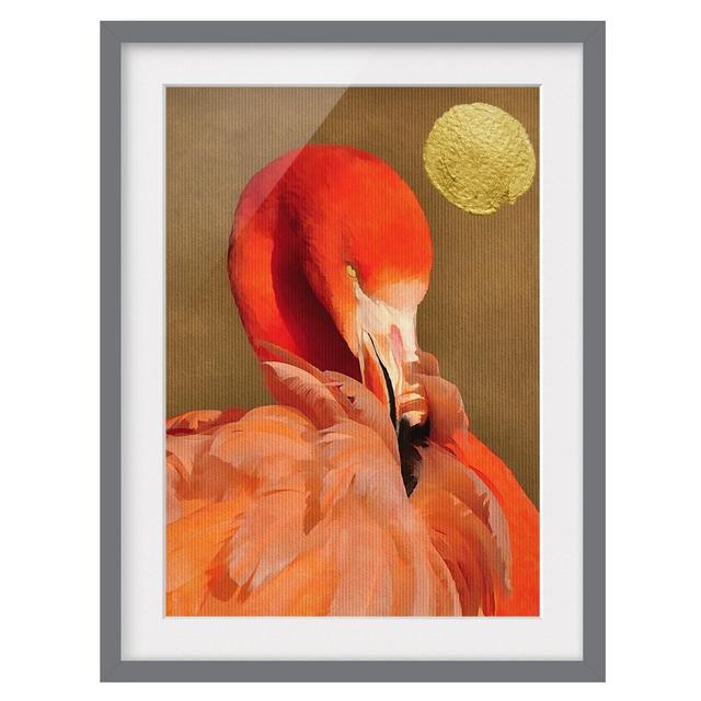 Golden Moon with Flamingo - Picture Frame Graphic Art Bay Isle Home Frame Option: Grey Framed, Size: 70cm H x 50cm W x 2cm D on Productcaster.