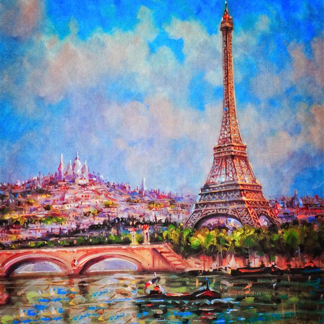 Painting Of Eiffel Tower In Paris - Wrapped Canvas Art Prints ClassicLiving Size: 51cm H x 51cm W x 3.8cm D on Productcaster.