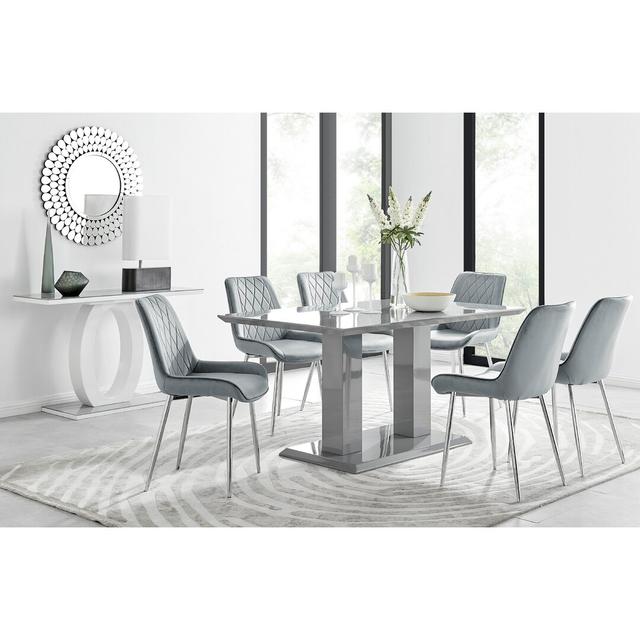 Edzard Double Pedestal High Gloss Dining Table Set with 6 Luxury Velvet Dining Chairs Canora Grey Table Top Colour: Grey, Chair Colour: Grey/Silver on Productcaster.