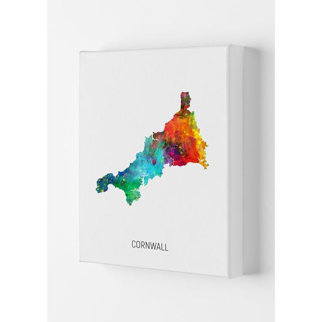 Cornwall Watercolour Map by Michael Tompsett - Graphic Art Latitude Run Size: 42cm H x 29.7cm W x 4cm D, Format: Wrapped Canvas on Productcaster.