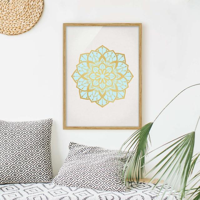 Mandala Illustration Flower Light Blue Gold - Picture Frame Graphic Art Latitude Vive Size: 40cm H x 30cm W x 2cm D, Frame Option: Brown on Productcaster.