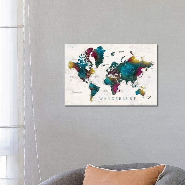 Wanderlust Charleena Detailed Watercolor World Map With Cities by Blursbyai - Gallery-Wrapped Canvas Giclée on Canvas Lark Manor Format: Canvas, Size: on Productcaster.